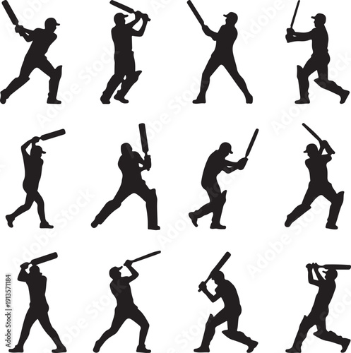 Baseball player silhouettes swinging bats in various poses