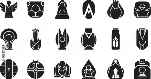 Collection of various black and white symbolic crest icons
