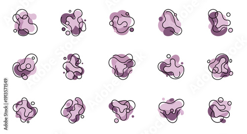 Abstract fluid purple shapes with black outlines, modern graphic design elements collection