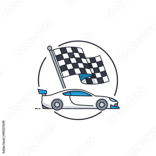 Circular badge featuring a white sports car with blue accents and a waving checkered flag. Clean and modern emblem design for racing communities and automotive events.
