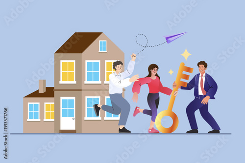 Real estate success and home ownership concept. Group of three happy colleagues or family receiving golden key from property agent for new office or house purchase.