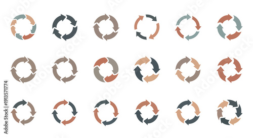Collection of circular arrow icons in various muted colors, representing refresh, cycle, and process