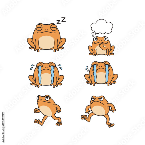 Cartoon frog expressing sadness and despair in various emotional states with copy space