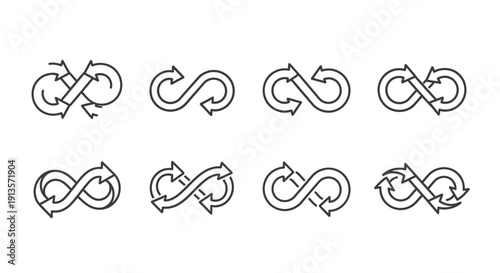 Collection of infinity loop symbols with arrows, representing continuous cycles and endless possibilities