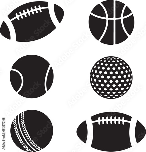 Black and white sports balls icons set