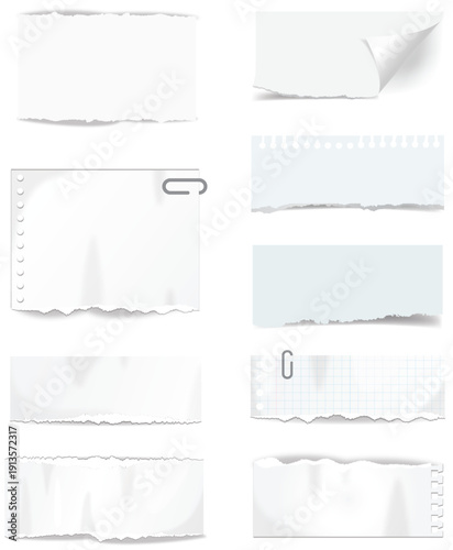 Various blank torn paper scraps and realistic note paper pieces with ripped edges some featuring a paper clip isolated on white for design elements or messages