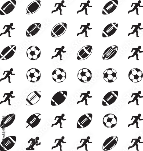 Black and white sports icons pattern with rugby balls soccer balls and running silhouettes