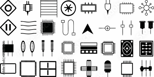 Collection of various black electronic symbols and circuit board components