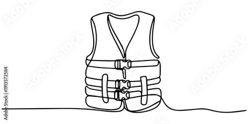 Life jacket safety flotation vest rescue monoline one continuous line art vector illustration, Life jacket continuous one line art drawing safety vest vector illustration, Life jacket to prevent drawn