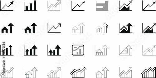 Collection of black and white financial growth and data icons