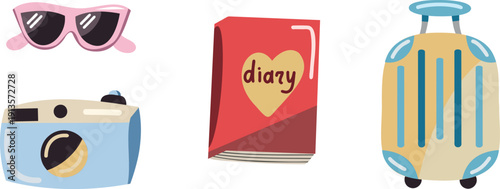 Travel essentials vector set featuring suitcase, retro camera, diary book and sunglasses. Tourism and trip equipment.