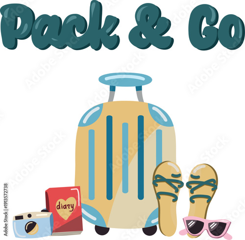 Travel essentials vector set featuring suitcase, retro camera, diary book and sunglasses. Tourism and trip equipment