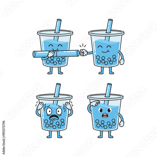 Cartoon bubble tea cups fighting with straws in a humorous illustration style