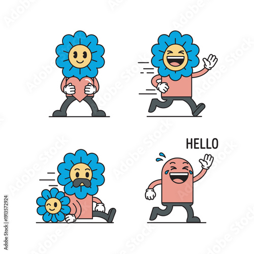 Cartoon character with flower head greeting and waving in various poses with copy space