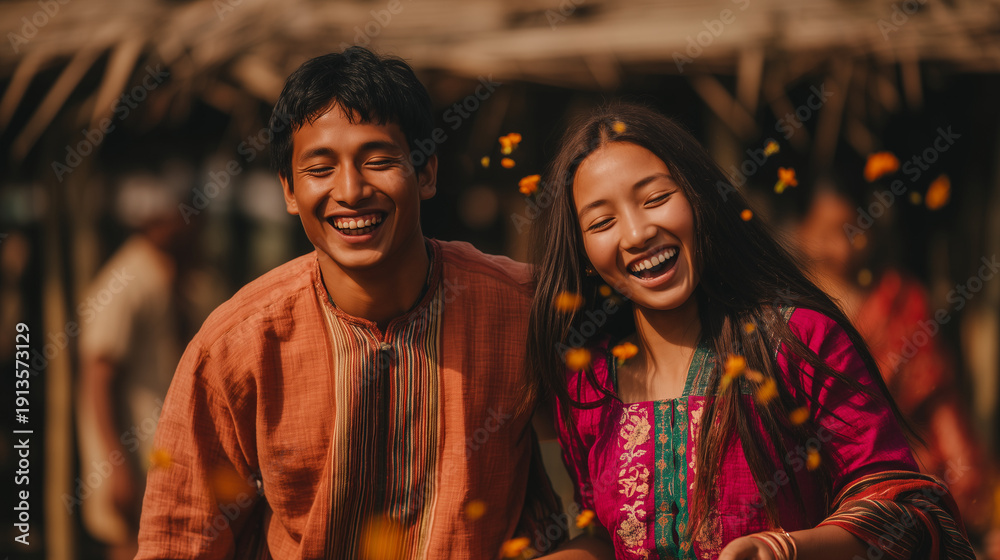 Fototapeta premium Tribal people celebrate Chaitra season with spring festivals in Bangladesh with joyful emotions and lively expressions outdoors.