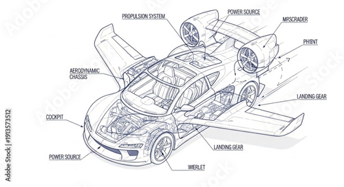 Futuristic Flying Car Concept with Detailed Mechanical Schematics.