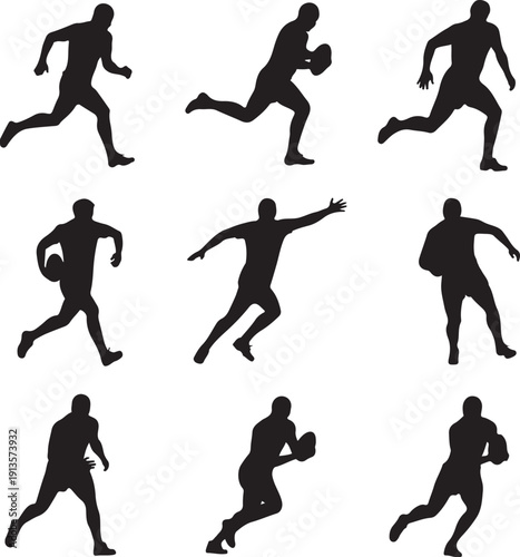 black silhouettes of men playing rugby  various running poses