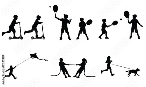 Diverse silhouettes of children engaged in various outdoor activities like scootering, playing tennis, flying a kite, and tug-of-war.