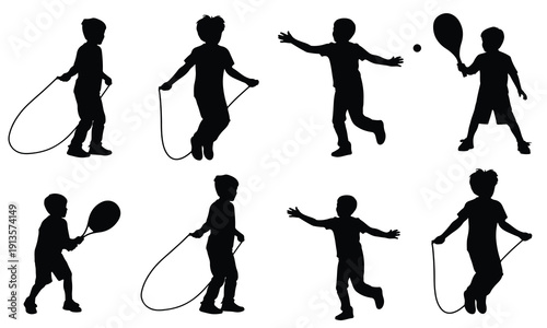 Collection of black silhouettes of children playing, including jumping rope, playing tennis, and reaching out with open arms.