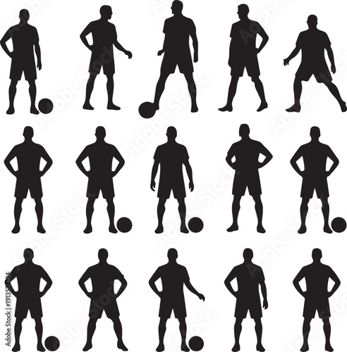 Black silhouettes of men playing soccer in various poses with a ball