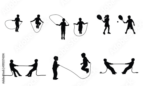 Diverse group of children engaged in various outdoor activities including jumping rope, playing tennis, and tug-of-war in silhouette.