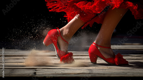 Festival Internacional del Cante de las Minas, Flamenco dancer red heels striking wooden stage with dust during Festival Internacional del Cante de las Minas performance