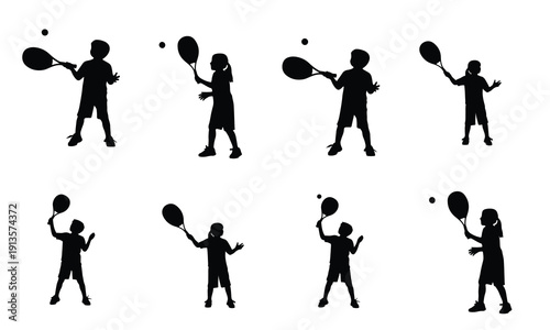 Collection of children silhouettes focused on playing tennis, practicing serves and volleys, showcasing athletic engagement and skill development.