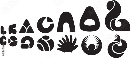 Abstract black shapes and symbols on white background