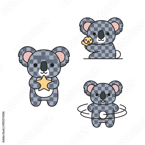 Canvas Print Cute cartoon koalas with checkered pattern holding star and cookie on white back