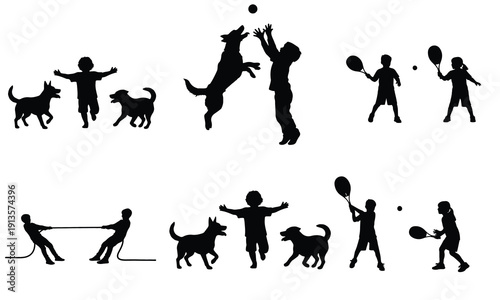 Silhouettes of children and dogs playing together, including jumping, playing tennis, tug-of-war, and general interaction, highlighting companionship.
