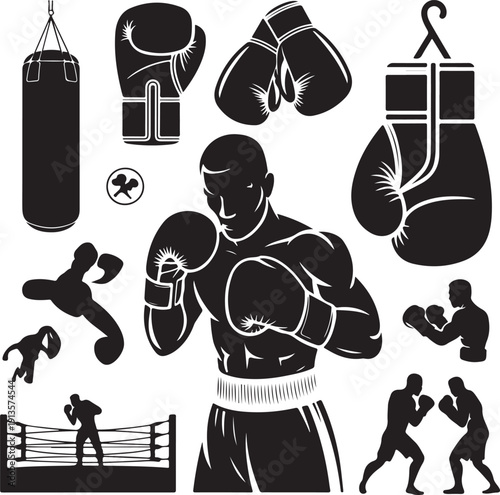 black and white illustrations of boxers and boxing equipment  various poses