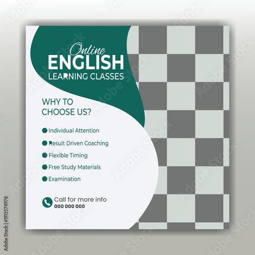  Online English Classes Flyer with Checkered Background and Green Accents