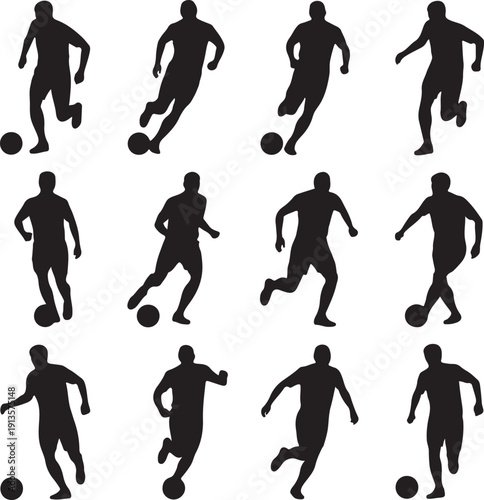 black silhouettes of soccer players in various poses with balls