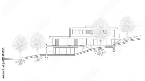 Architectural line drawing of a contemporary house on a hillside, illustrating modern design