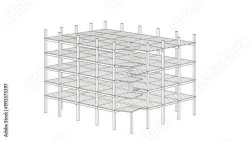 Detailed engineering schematic of a multistory building frame structure in 3D rendering
