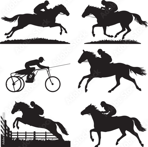 Black silhouettes of horse riders and a cyclist in various action poses