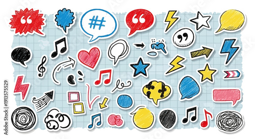 Collection of Hand-Drawn Doodle Stickers - Speech Bubbles, Music Notes, and Symbols