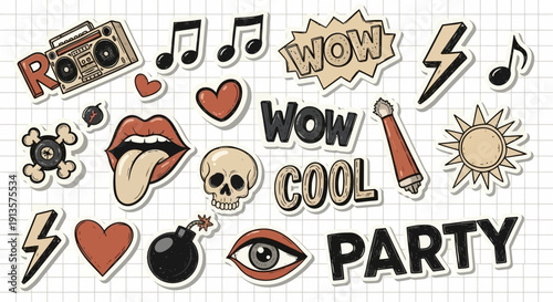 Cool Retro Doodle Stickers: Boombox, Lips, Skull, Sun, and Party Elements