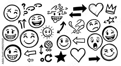 Hand-Drawn Doodle Emoji Collection with Arrows, Hearts, Stars, and Crown Illustrations