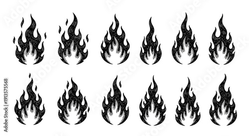 Set of Hand-Drawn Black Fire Icons and Flames, Vector Graphics on White Background