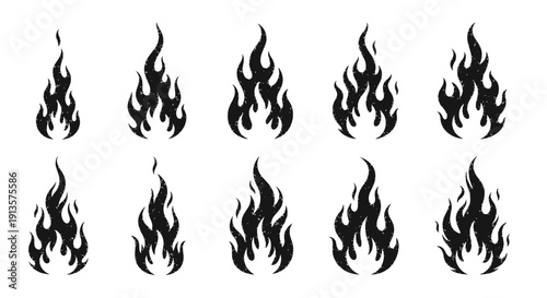 Set of Various Black Flame Icons and Symbols, Isolated on White Background