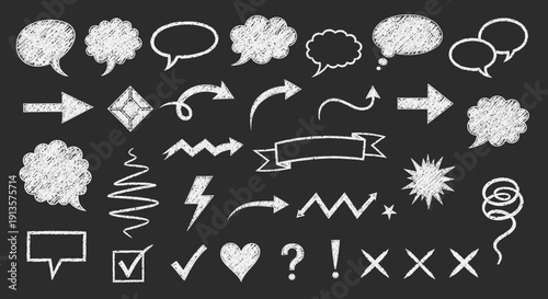 Chalkboard Doodle Elements: Hand-Drawn Arrows, Speech Bubbles, and Symbols on Black