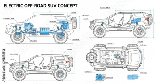 Electric Off Road SUV Concept Vehicle Technical Drawings.