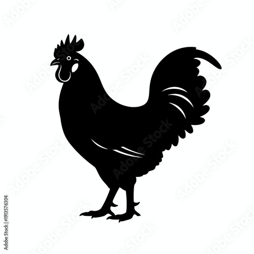 Vector illustration of a black rooster silhouette, a domestic farm animal and poultry bird with a sharp beak and feathers isolated on a white background