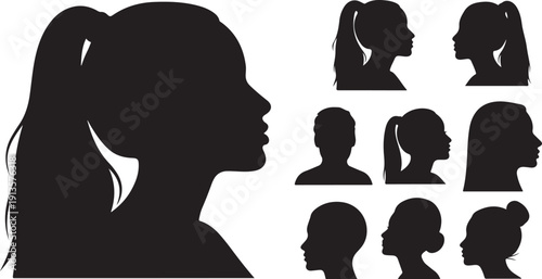 Silhouettes of women with various hairstyles and profiles shown