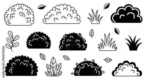 Bush and Grass Icons: Black and White Vector Illustrations for Nature and Garden Design