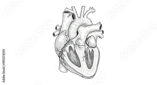 Anatomical human heart illustration, scientific medical diagram, isolated on white background