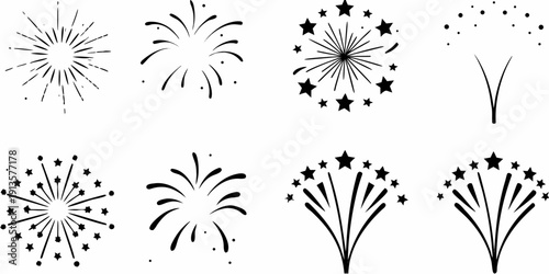 Black and white illustration of various firework and starburst designs