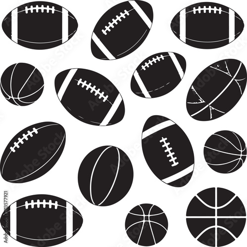 collection of sports balls icons including rugby and basketball