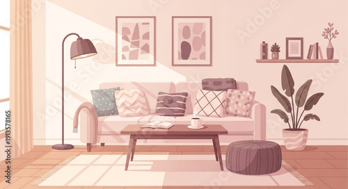 Cozy living room interior with sofa and coffee table.